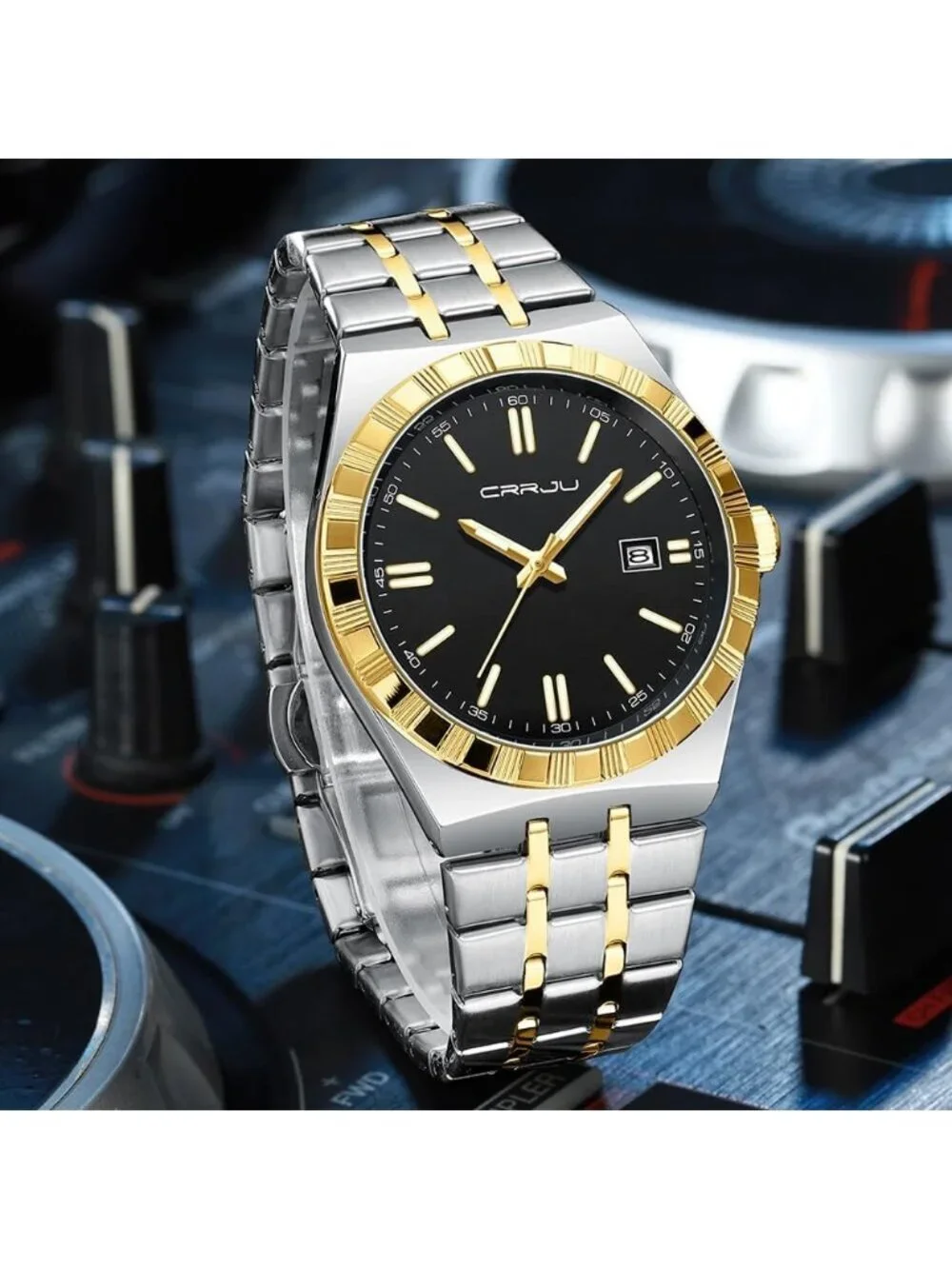 Crrju Men Gold Black Luxury Luminous Analog Quartz Classic Calendar Silver Watch